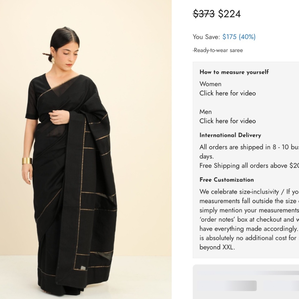 NWT SHAKUNTALA SAREE AND BLOUSE FROM TURN BLACK, S